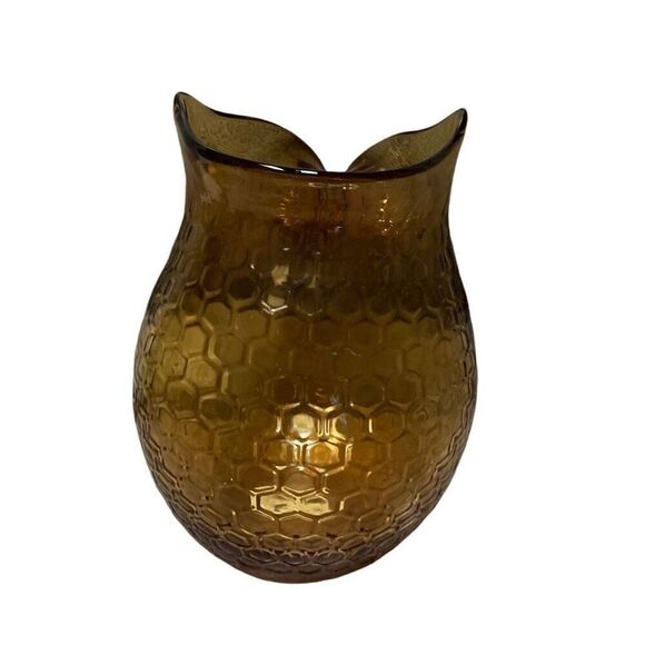 Vintage Retro Amber Glass Owl Vase  candleholder Decor Honeycomb Pattern 8” - Picture 4 of 6